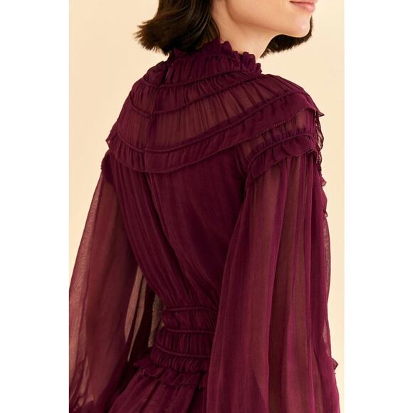Farm Rio Ruffle High Neck Chiffon Burgundy Blouse XS - Picture 4 of 15